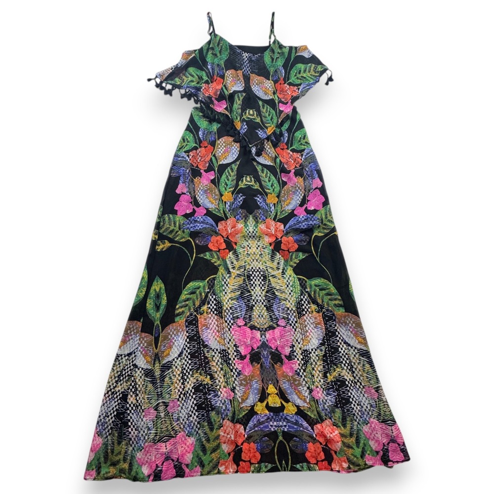 Takara Womens Tropical Floral Geometric Pom Pom Cold Shoulder Maxi Dress Medium
